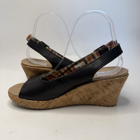 Crocs Womens A-Leigh Sandal Size 7 Black Leather Cork Wedge Heel Slingback Shoe - Picture 4 of 7